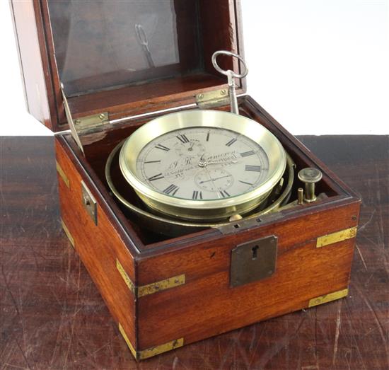 A Victorian brass bound mahogany 56 hour marine chronometer, case 7.5in.